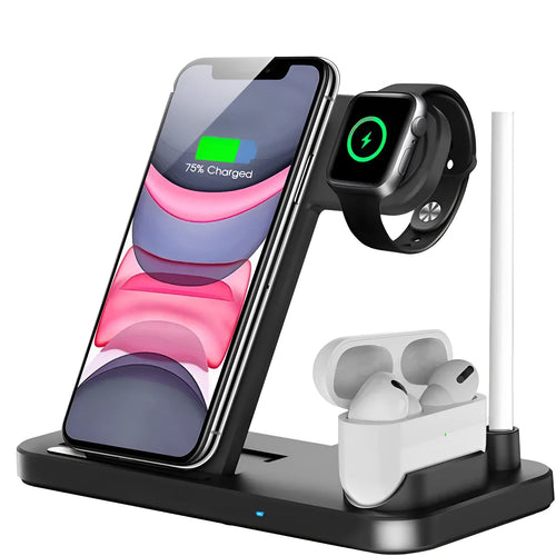Folding 4-in-1 wireless charging stand in black showing smartphone charging vertically