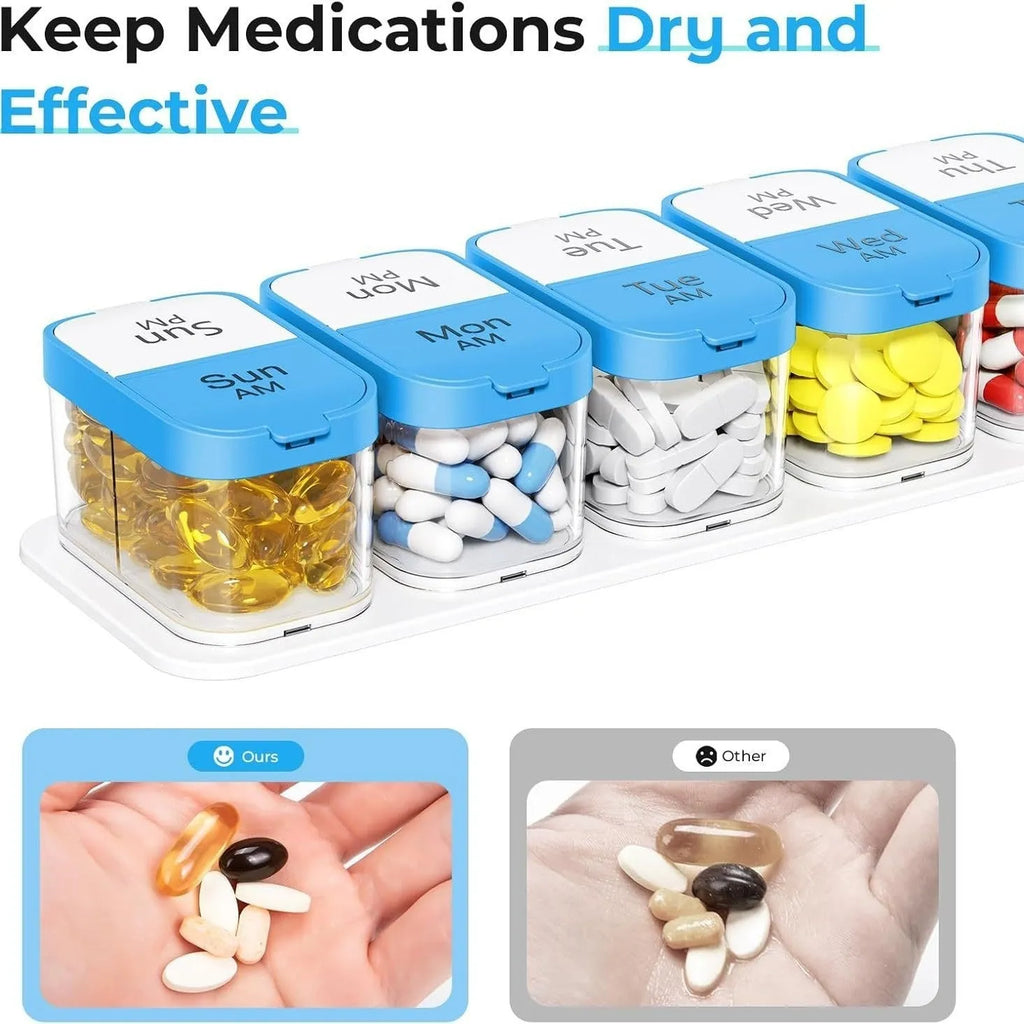 Extra large portable pill dispenser with 14 removable compartments in rainbow colour