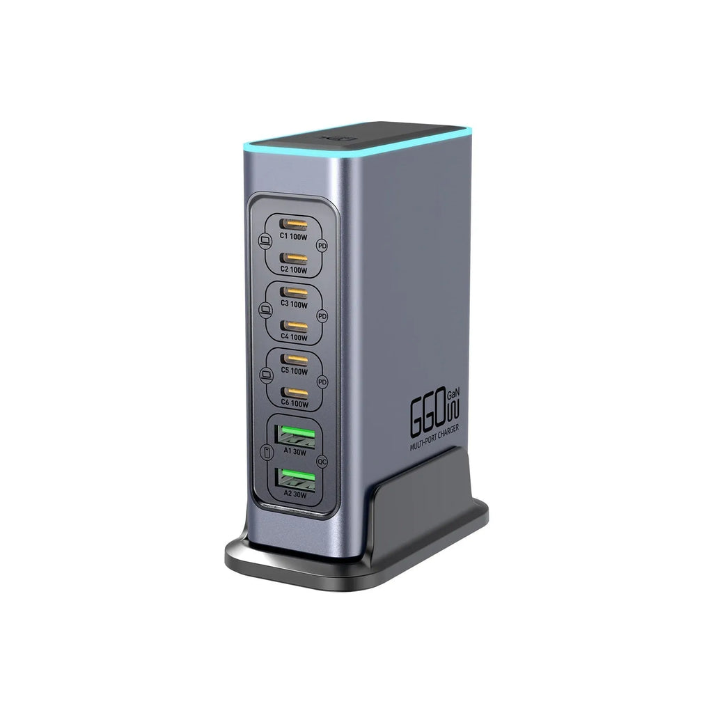 660W gallium nitride desktop fast charger with multiple ports for phones and tablets.