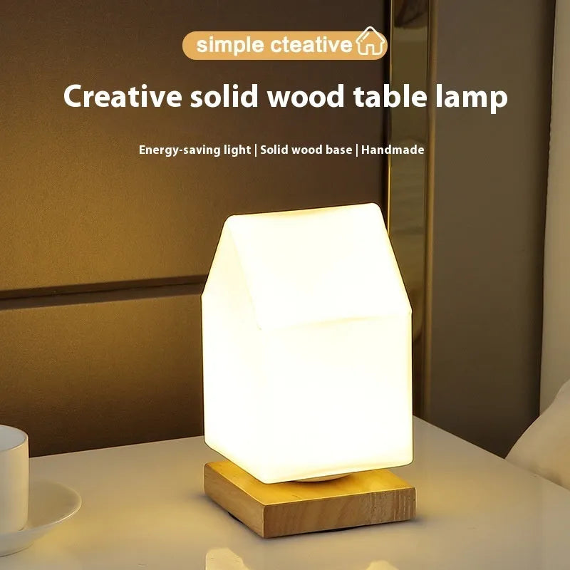Nordic style solid wood USB table lamp in a white geometric shape with touch dimming.