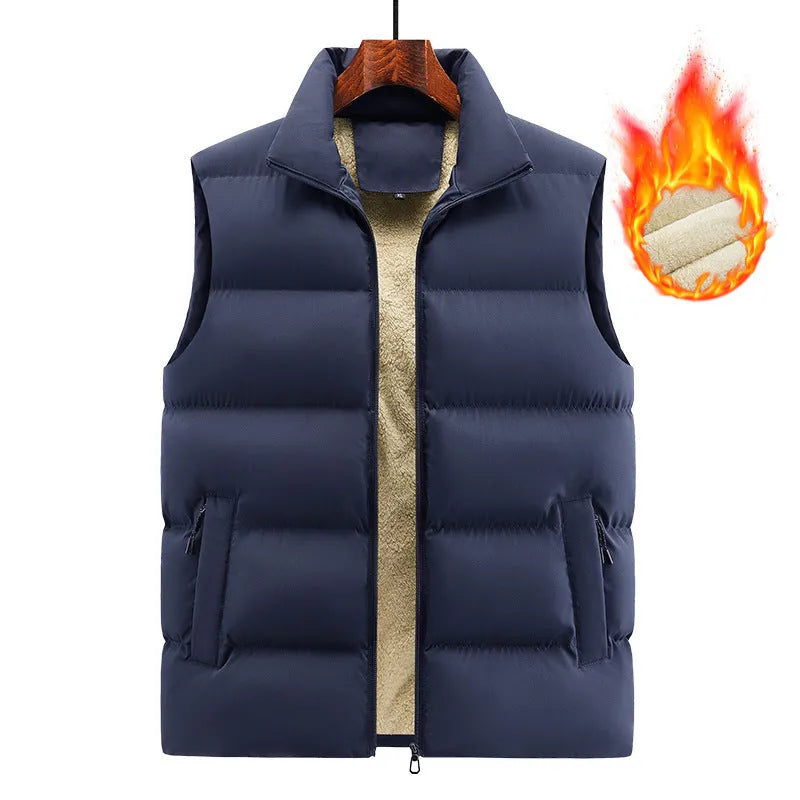 Men's striped lambswool vest in black, dark blue, or red, shown as a winter layering waistcoat.