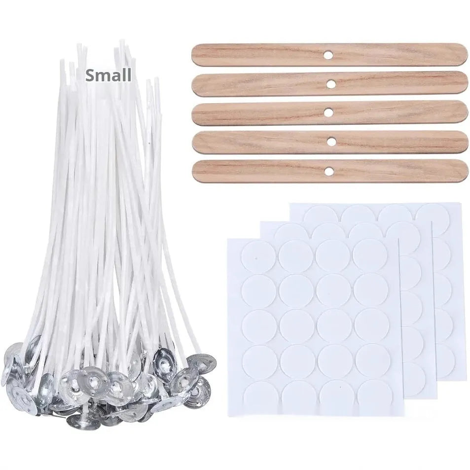 White cotton candle wicks in three lengths: 2.6cm, 6cm, and 8cm for DIY candle making