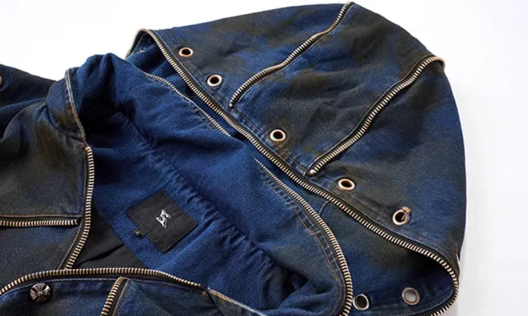 Blue Korean-style hooded denim vest coat with zipper front and matching trousers