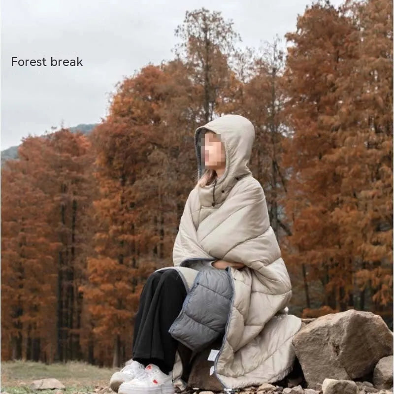 Adult-sized grey outdoor cloak sleeping bag with hood, laid out flat showing its 200cm length.