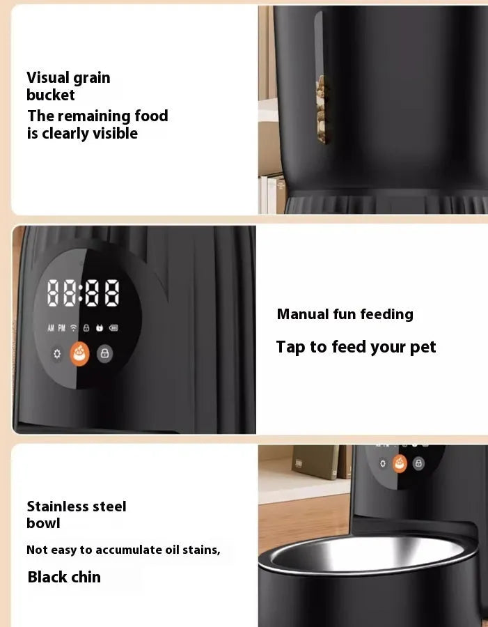 Black and white automatic pet feeder with USB power connection for timed remote feeding
