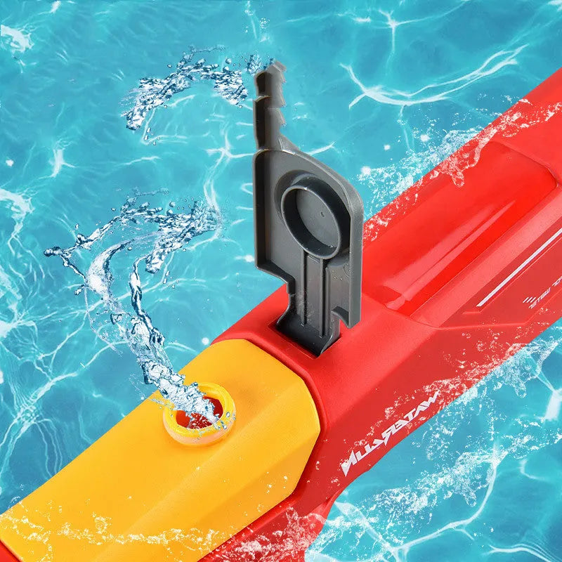 Red electric shark water gun with 500ml tank and 44cm barrel, shown with battery and USB cable