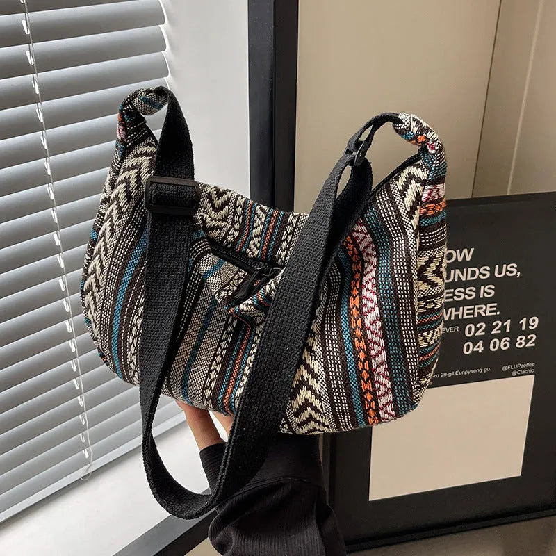 Women's ethnic style canvas crossbody dumpling bag with sewing thread details
