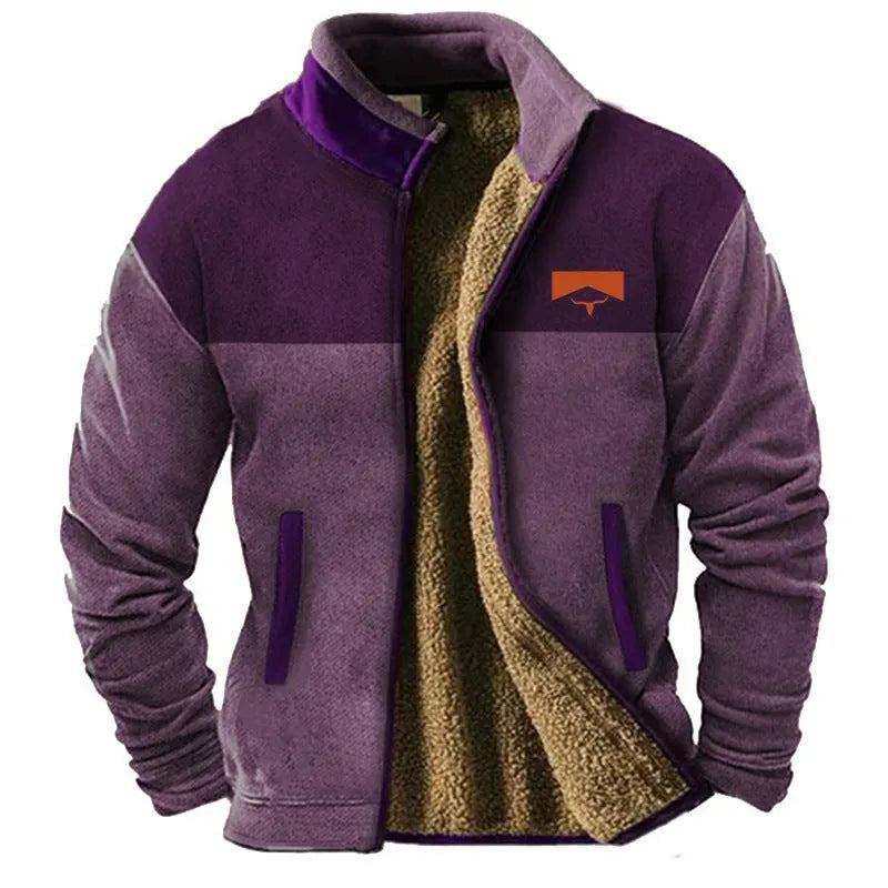 Men's polyester padded coat with fleece lining in blue, green, or light brown