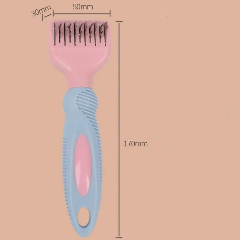 Pink dog comb with stainless steel blade and massage nodules for pet grooming.