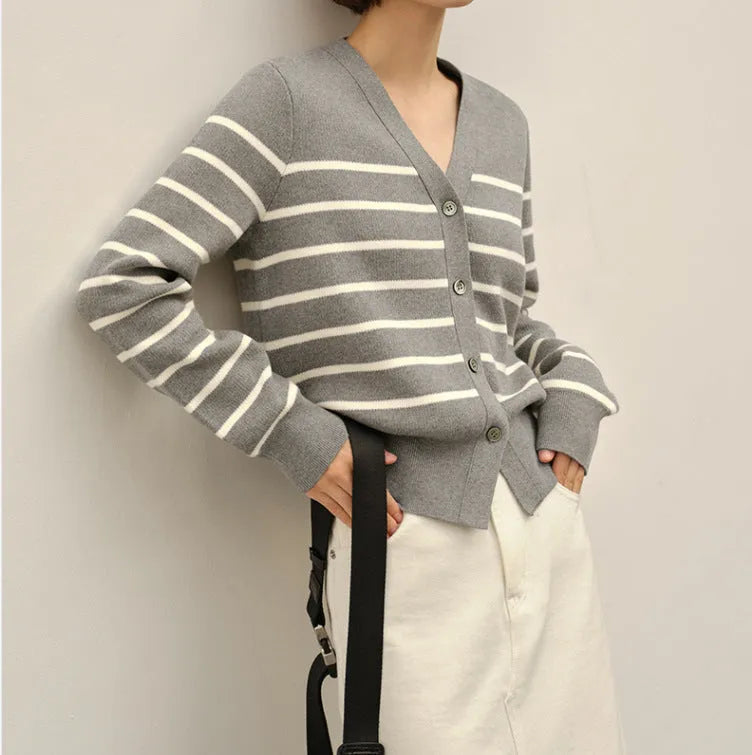 Classic preppy striped button-front cardigan for women, loose fit, short length 40cm, polyester, black colour, front view