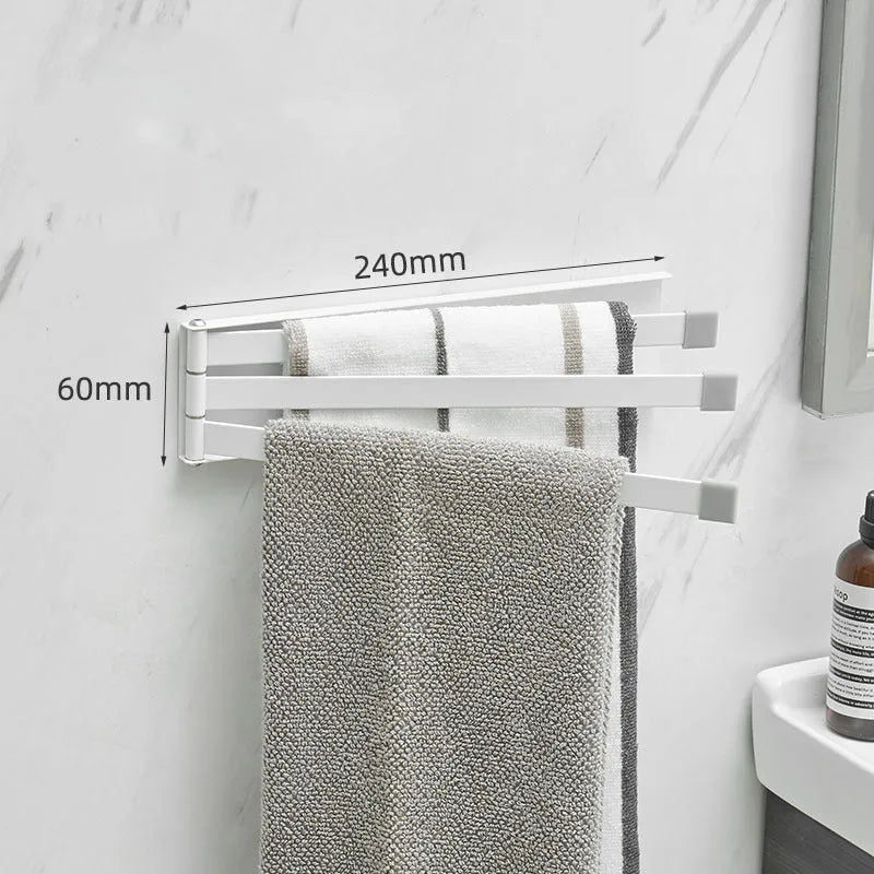 Black folding no-drill towel bar mounted on a bathroom wall with adhesive.