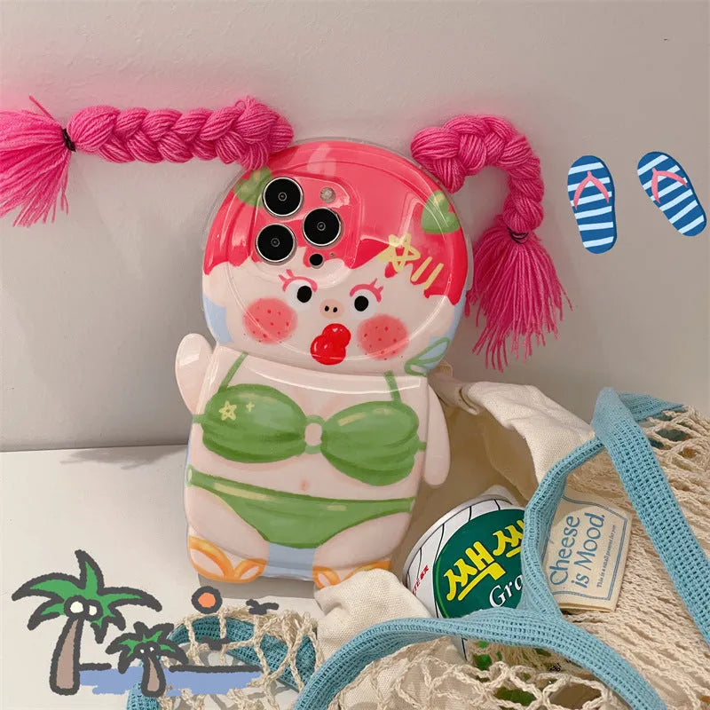 Summer themed iPhone case showing pink braid green swimsuit girl cartoon design on silicone protective cover