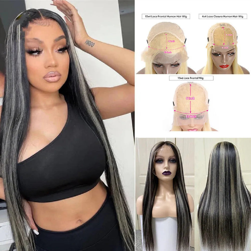 Piano color highlight human hair straight wig 13x4 150 density 18inch long natural look