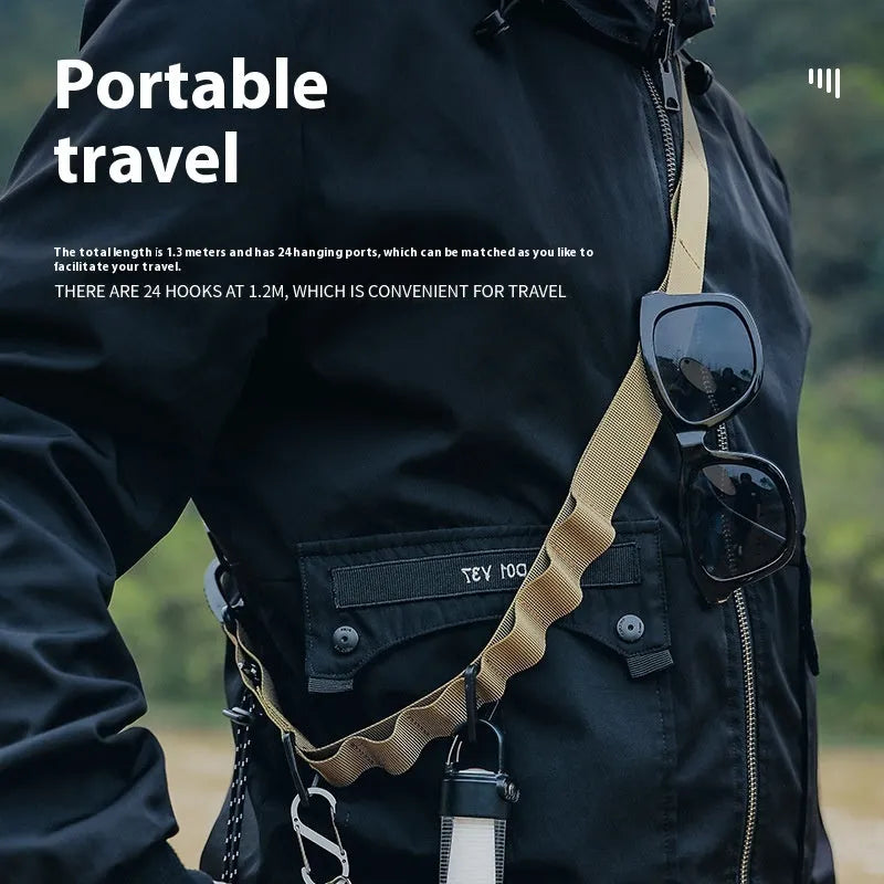 Black woven rope storage belt shown at full 130cm length, suitable for hanging and organising.