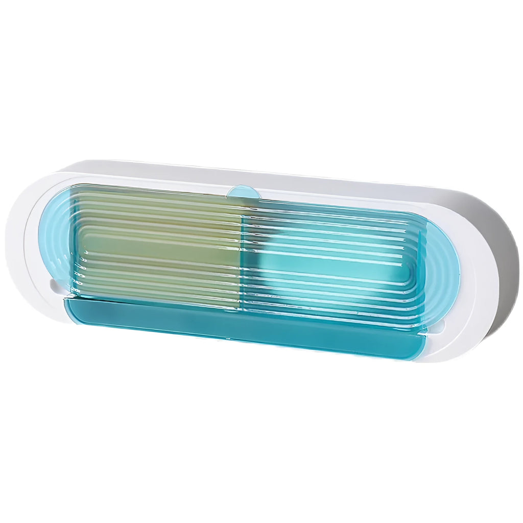 Green large ABS plastic drain soap box with lid on a bathroom counter
