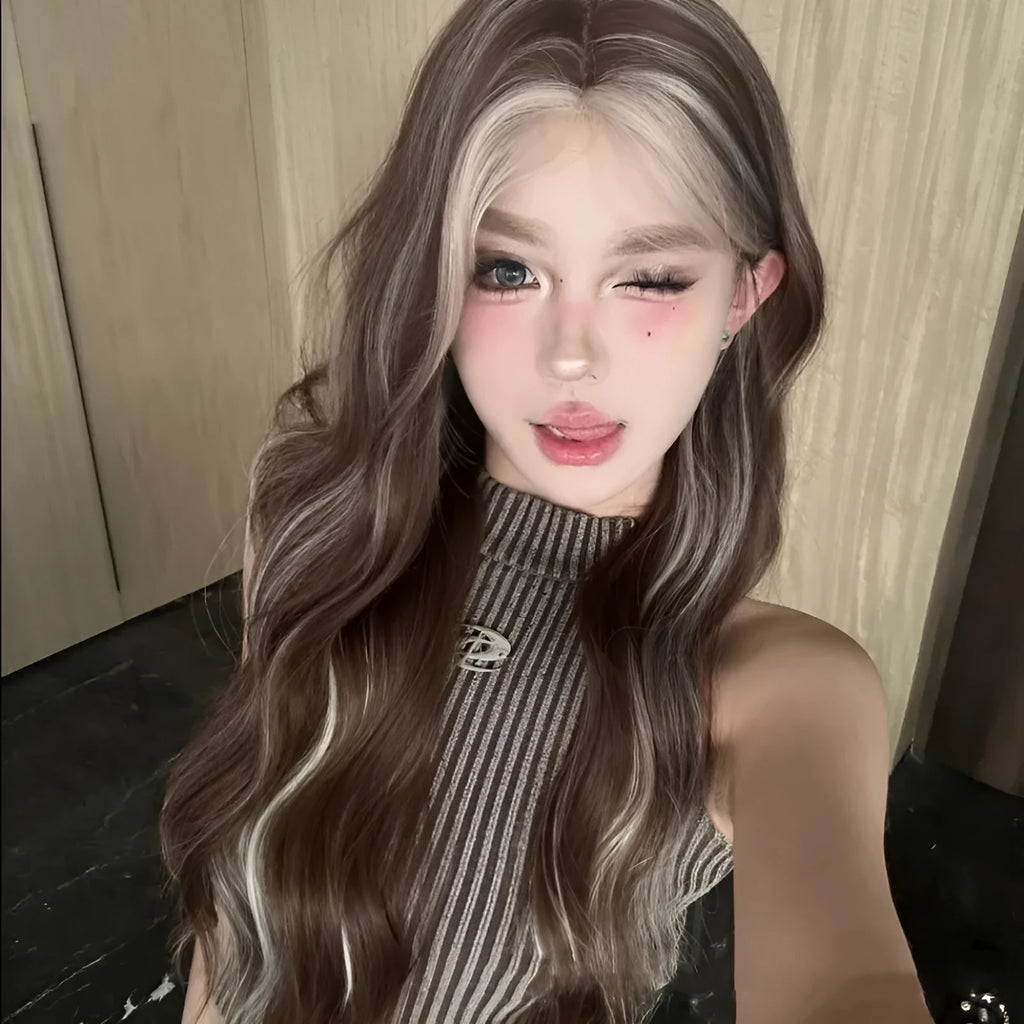 Long curly lace front wig in gray and gold dyed colour for ladies