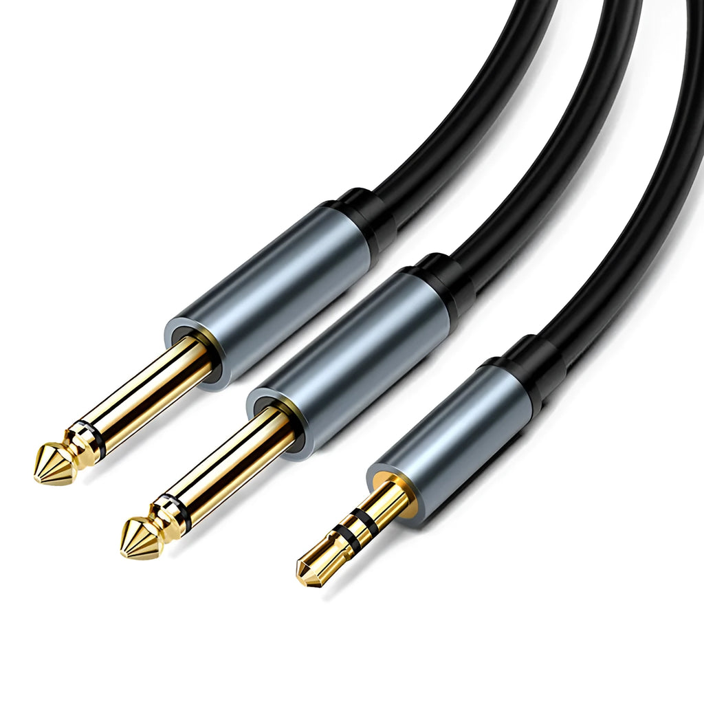 3.5mm to two 6.5mm male audio cable with black jacket and metal connectors.
