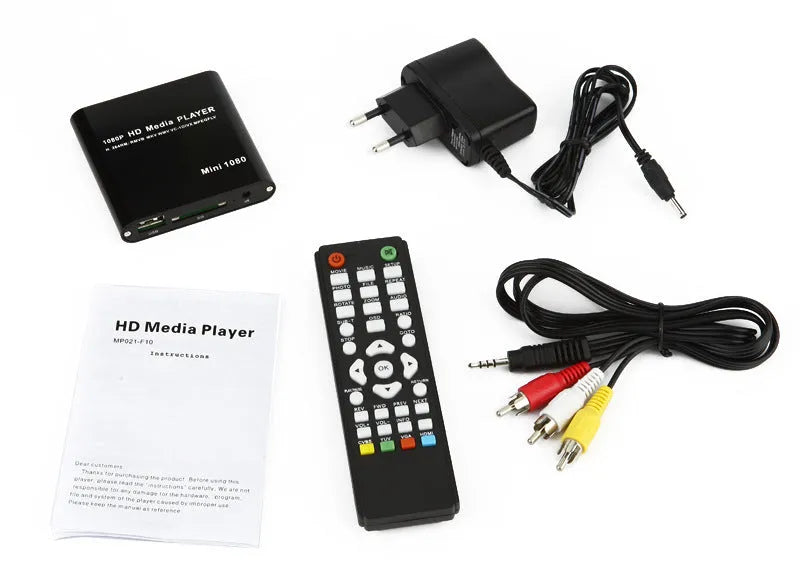 1080P Full HD media player in black or blue with HDMI port, SD card slot, and USB inputs