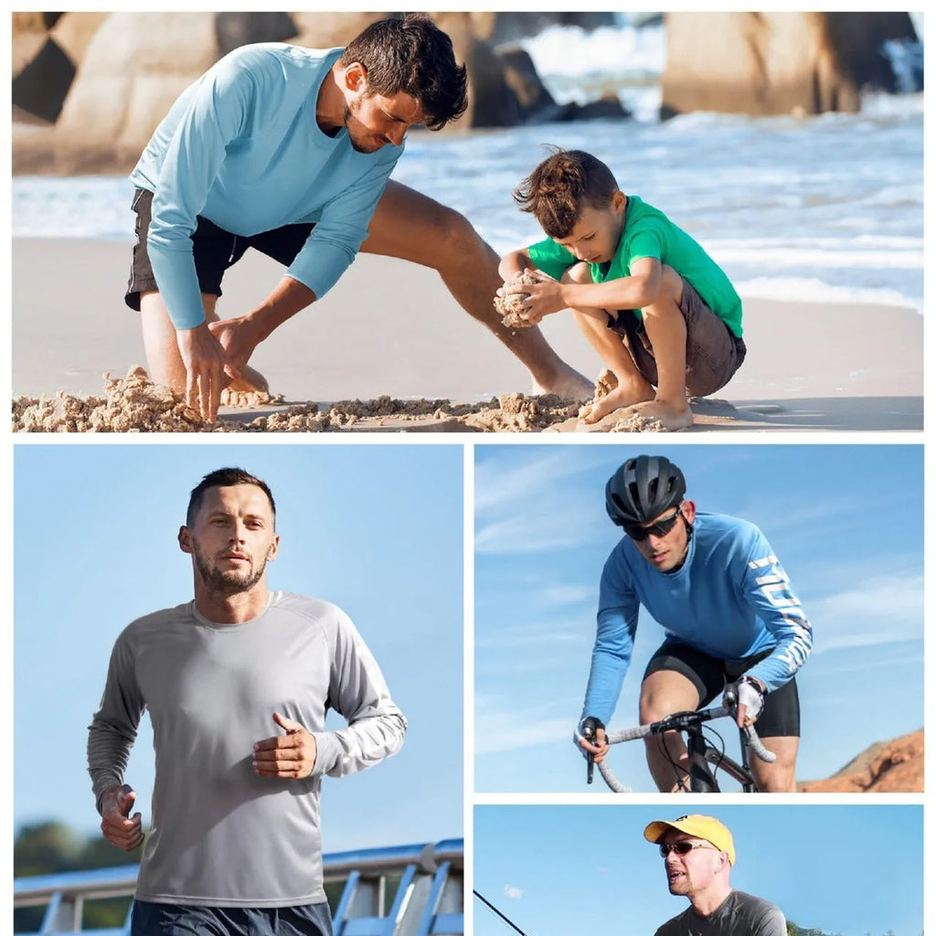 Quick-drying solid colour round neck long sleeve sports training top for men, polyester, UV protection, multiple colours