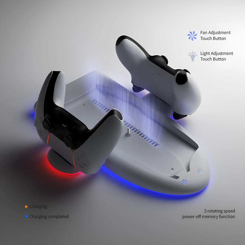 White PS5 Slim multi-function cooler pad charging base with RGB lights and fixed charger