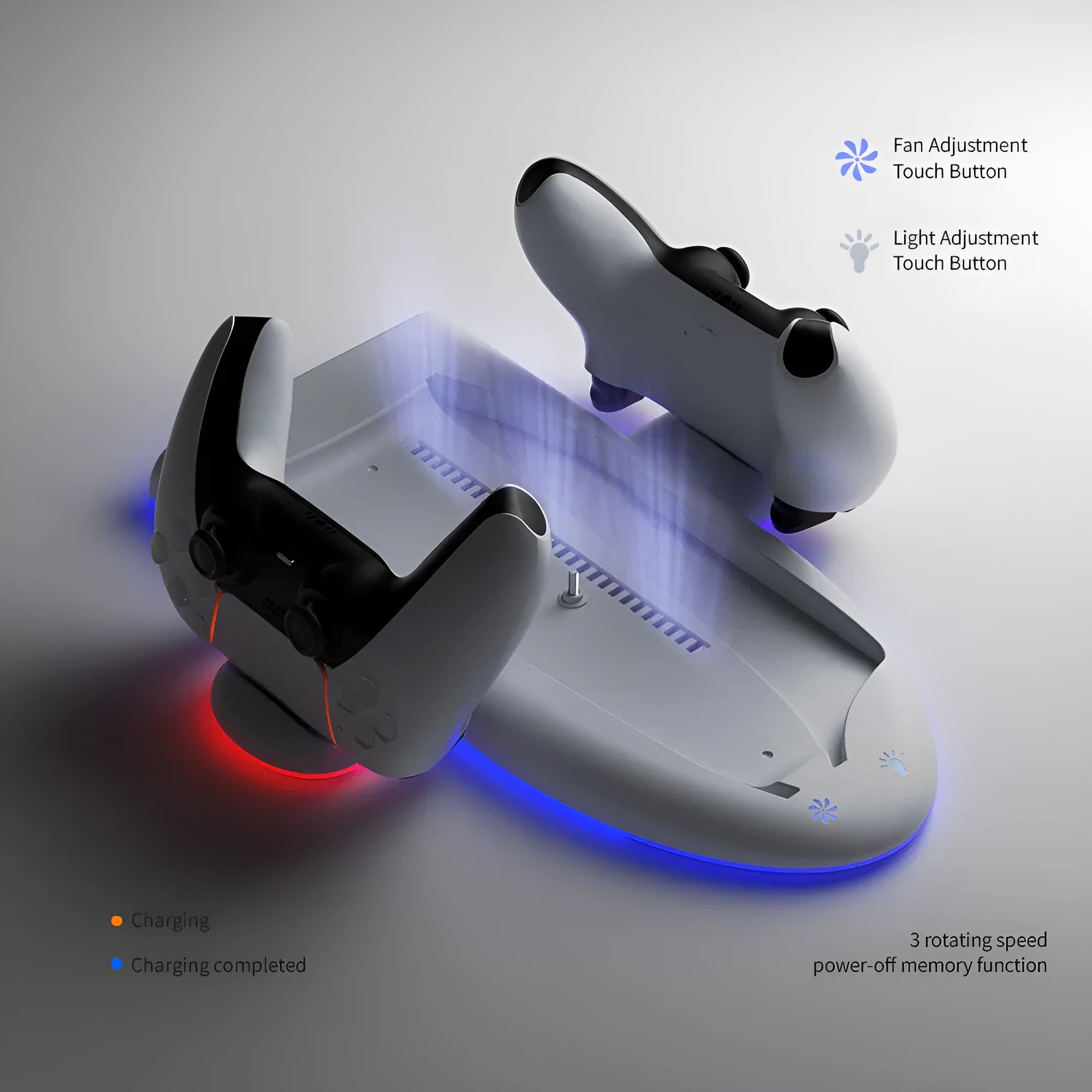 White PS5 Slim multi-function cooler pad charging base with RGB lights and fixed charger