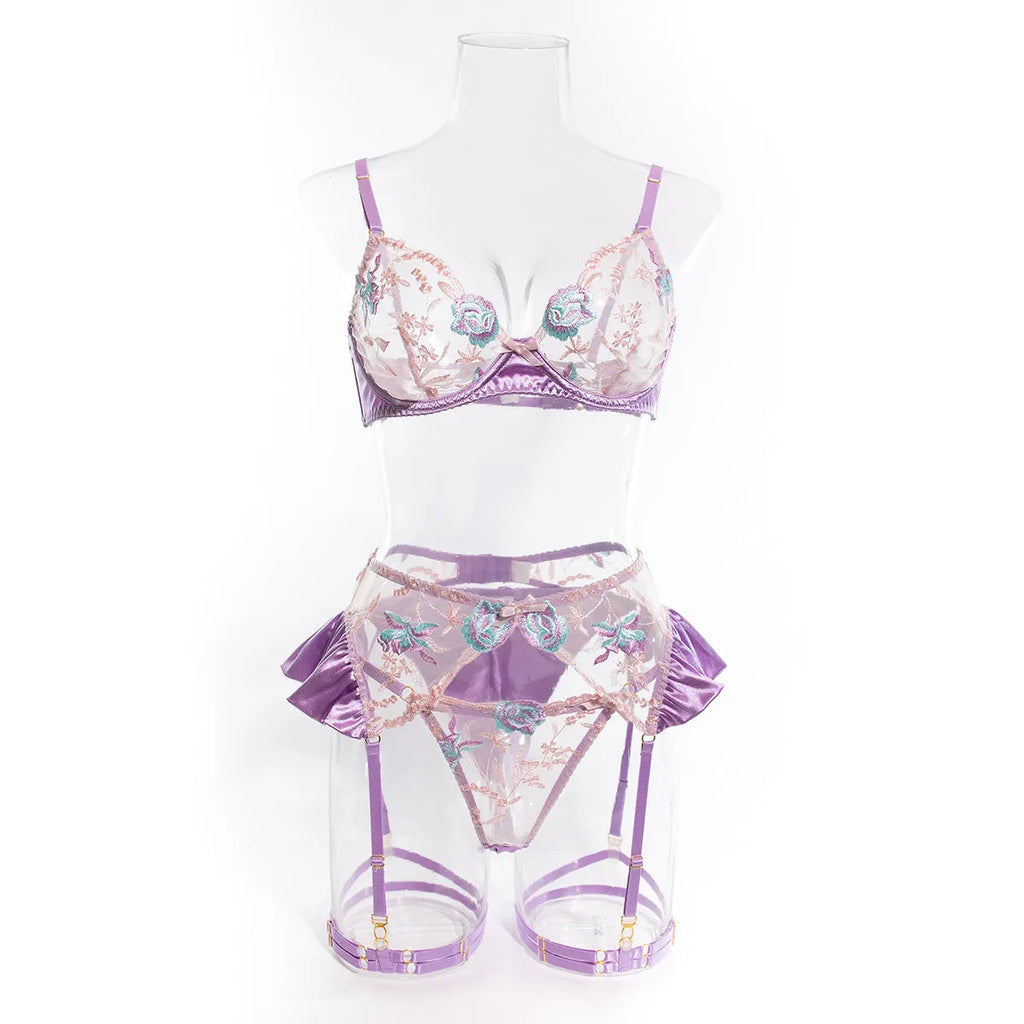 Light purple satin lingerie set with embroidery, four-piece underwear collection