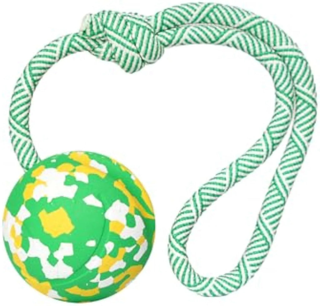 Natural rubber dog ball attached to a blue nylon rope for fetch and tug of war games.