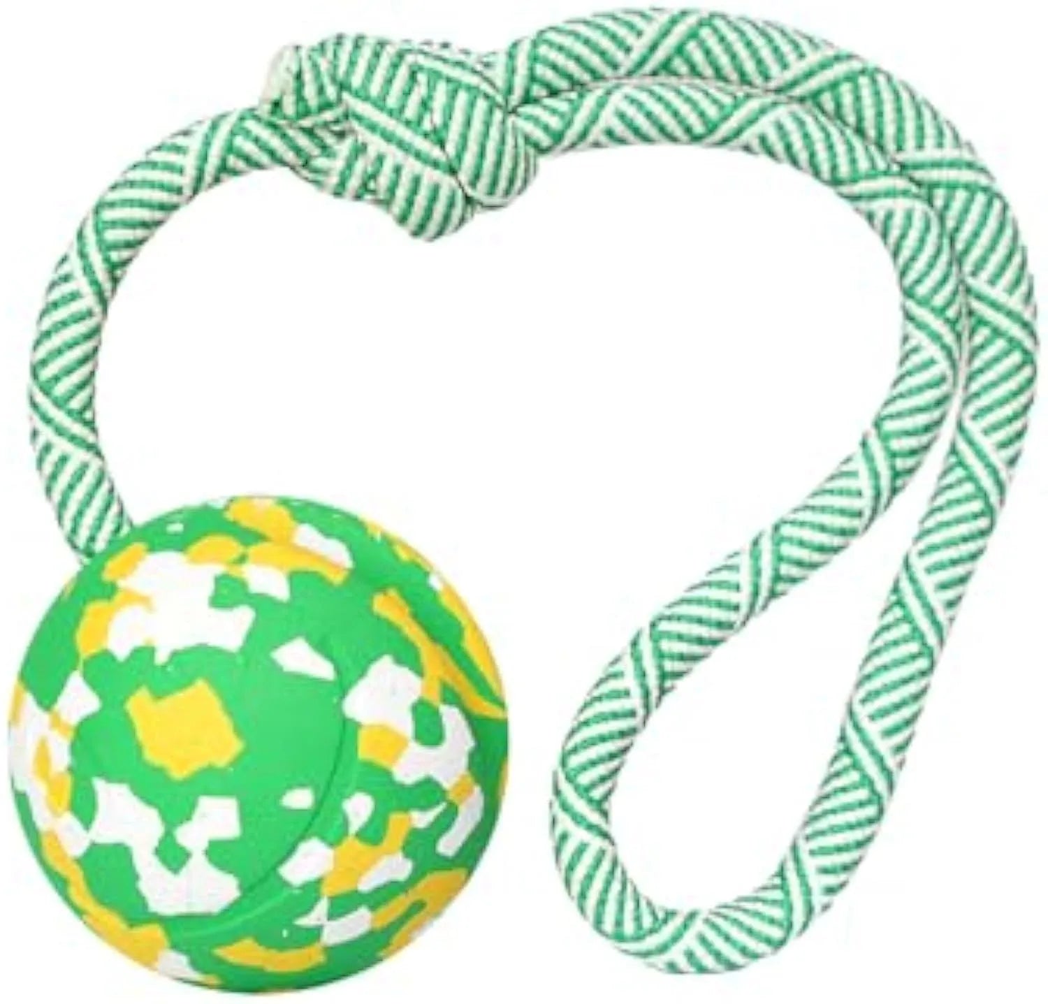 Natural rubber dog ball attached to a blue nylon rope for fetch and tug of war games.