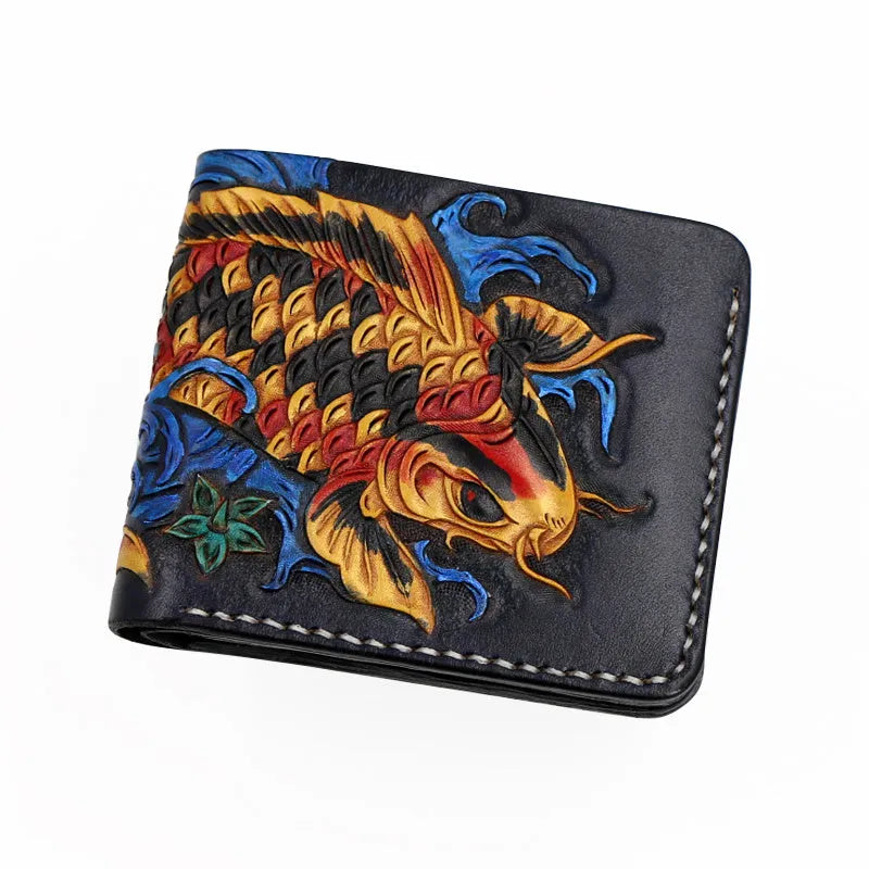 Men's handmade cow leather short wallet in red, blue, or gold, showing open closure and dimensions