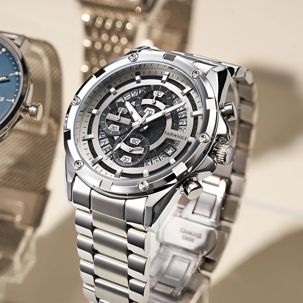 Men's waterproof luminous casual quartz watch with a steel belt, shown in black and blue, black and gold, and silver and white colour options.