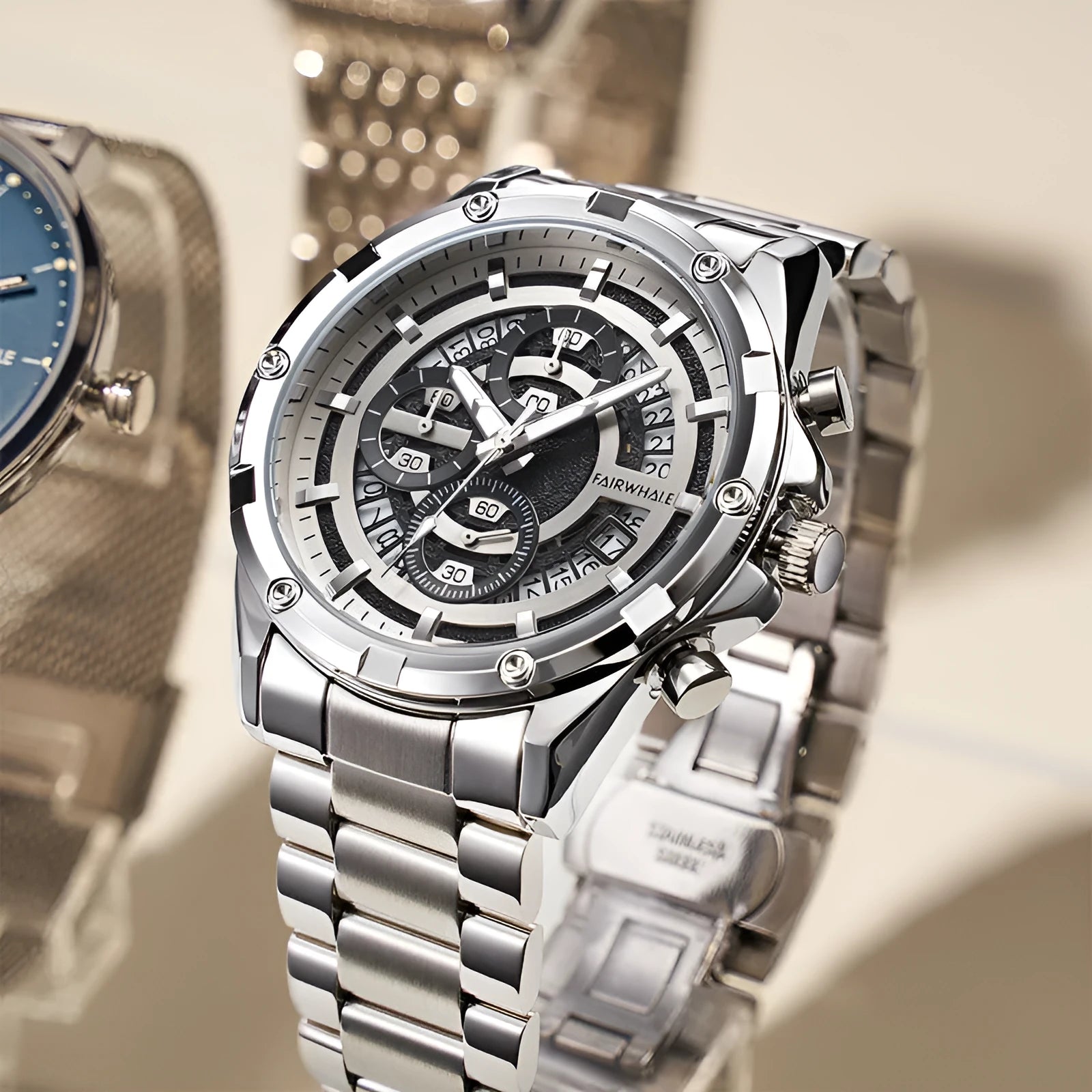 Men's waterproof luminous casual quartz watch with a steel belt, shown in black and blue, black and gold, and silver and white colour options.