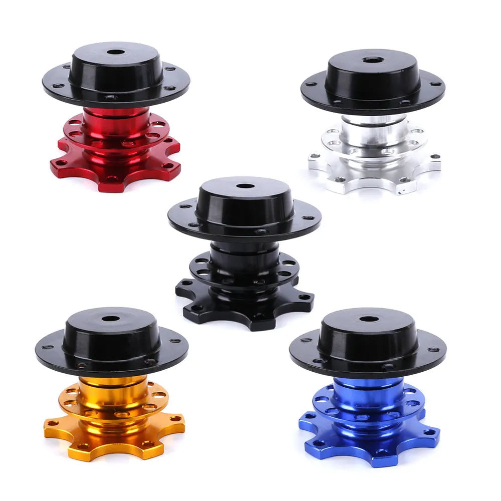 Universal car steering wheel quick release device shown in multiple colour options: black, red, blue, silver, and gold.