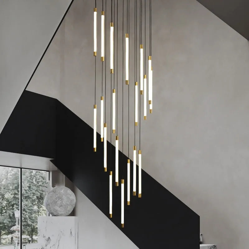 All copper duplex staircase long chandelier with LED light, 800mm diameter, single head, hanging in a tall room