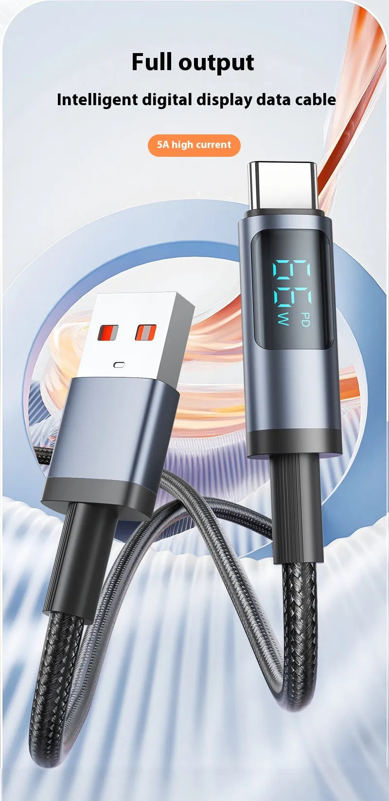 Black woven braided fast charge data cable with digital display showing wattage, 1.2m and 2m lengths available
