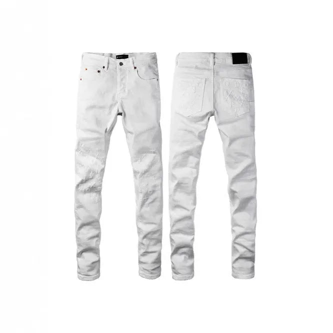 Black men's slim fit cotton jeans with a straight leg and button fly closure on a plain background.
