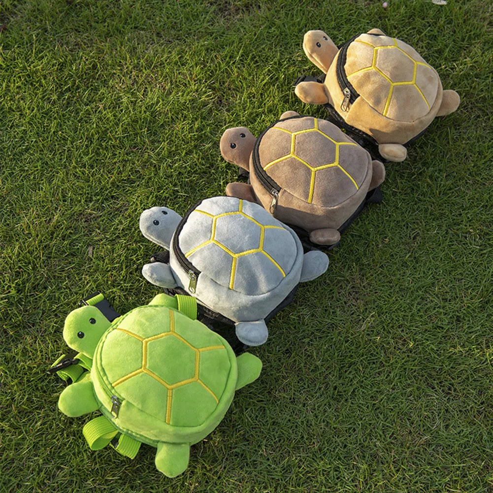 Cartoon turtle shape dog backpack harness in velvet material with metal zipper, measuring 20 x 18cm