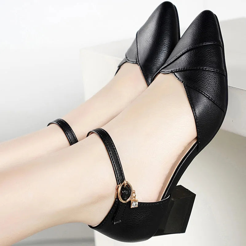 Women's high heel sandals with square toe and buckle strap in apricot and black colours