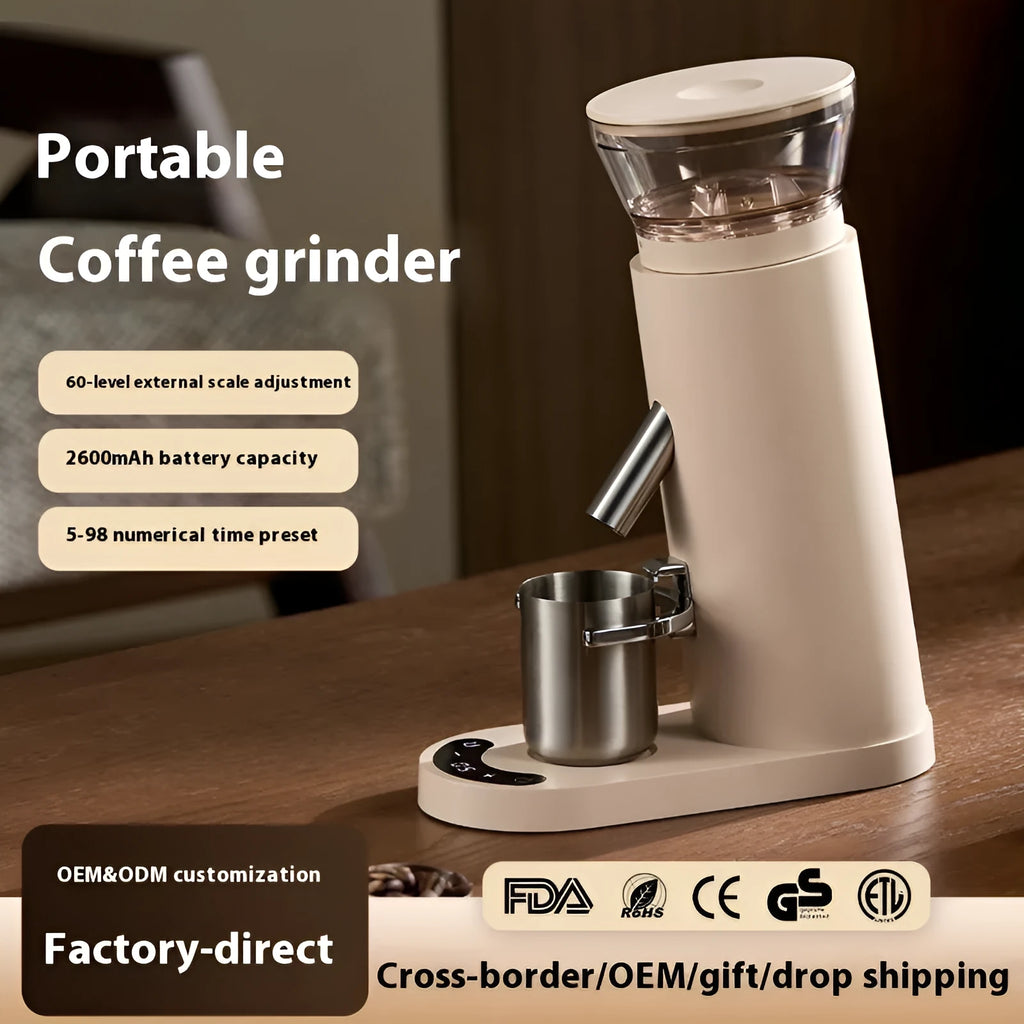 Portable electric coffee grinder in stainless steel with 0.5L capacity available in beige and black retro style