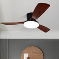 Solid wood Nordic LED ceiling fan lamp with PVC shade and tricolor dimming remote control in a living room