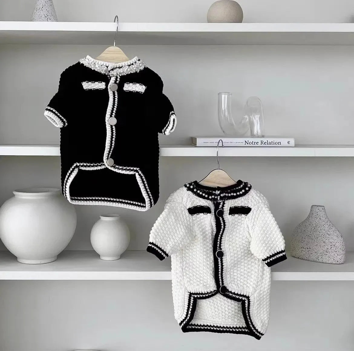 Korean style white dog sweater with pearl collar on small breed pet