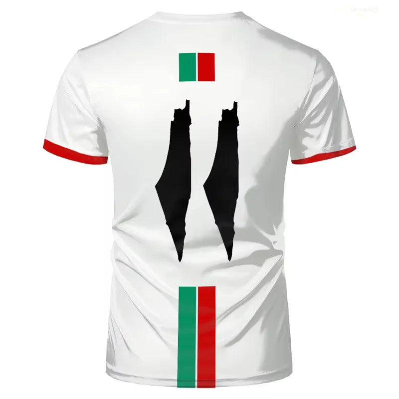 3D printed football T-shirt with raised pattern in black or white colours, showing half sleeve street fashion design