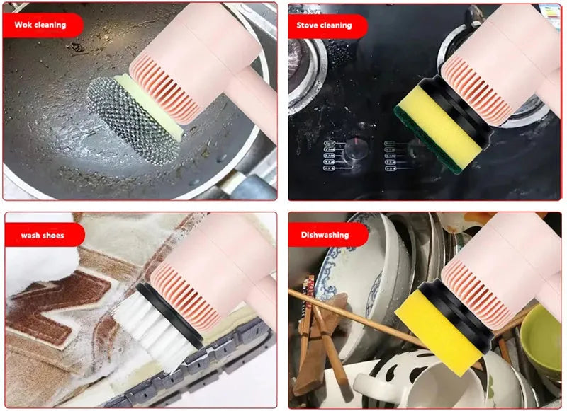 Cordless electric cleaning brush with three interchangeable heads, USB rechargeable plastic scrubber, 224 x 119mm