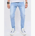 Men's light blue slim-fit stretch jeans with water-washed cotton denim