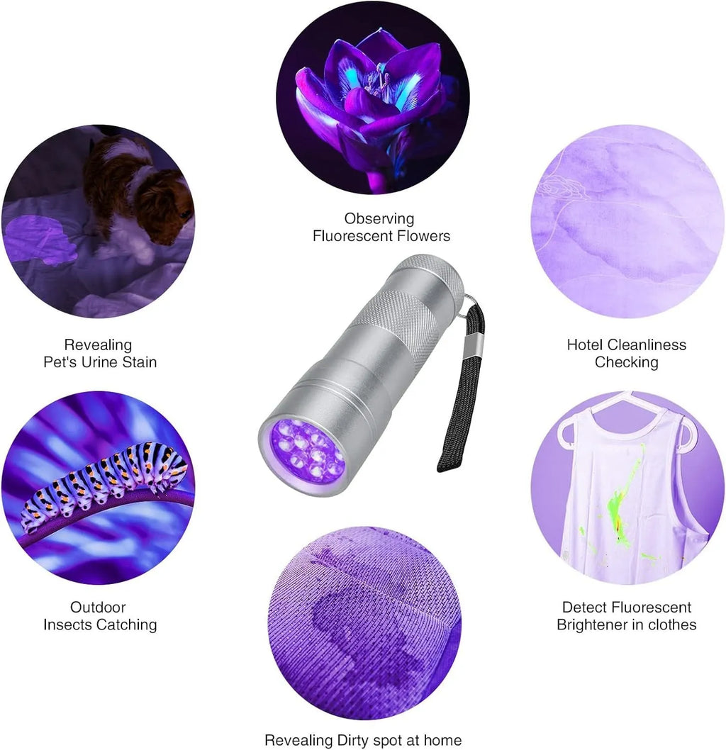 Black aluminium alloy UV flashlight torch for detecting pet urine stains and bed bugs