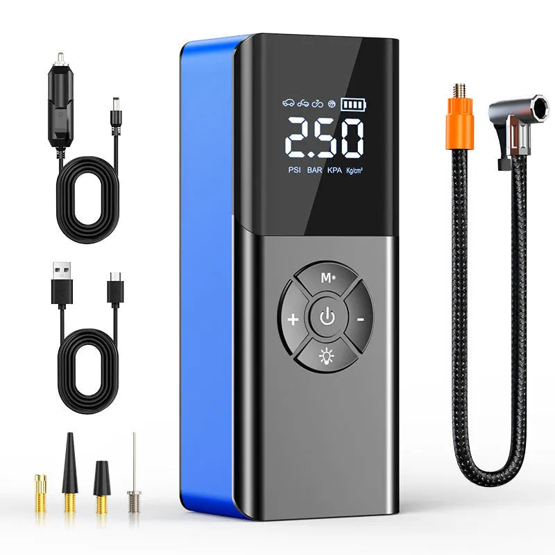 Blue wireless portable car tyre inflator with digital display and LED light on dark background