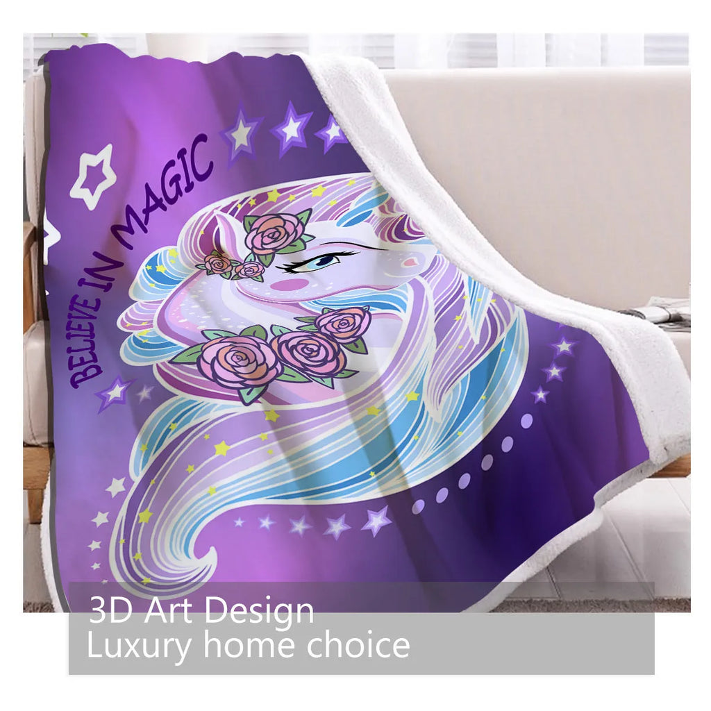 Purple unicorn themed sherpa fleece blanket with hemmed edges, 130x150cm, for sofa or camping
