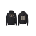 Black men's hoodie with drop-shoulder sleeves, laid flat showing simple pullover design.