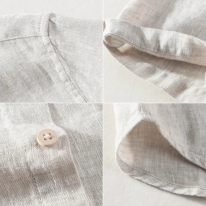 Men's casual short sleeve linen shirt with square collar in raw jute and grey colours