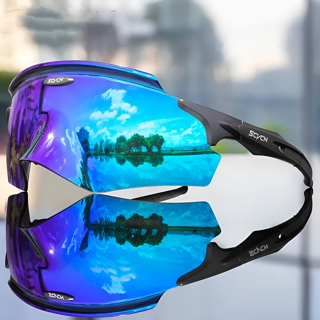Frameless integrated lens athletic windproof goggles in a sporty colour style.