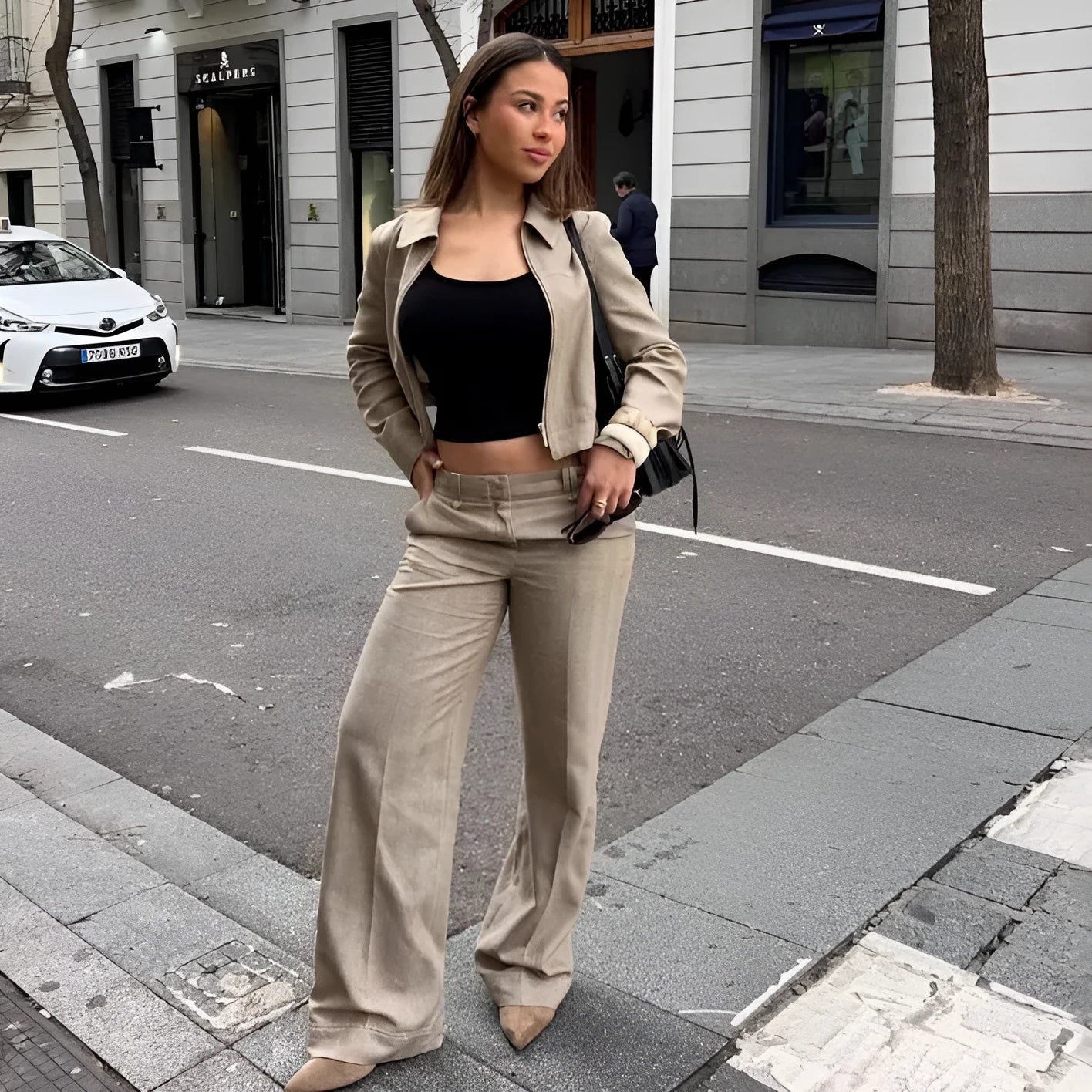Women's herringbone pattern polyester suit set with long sleeve coat and straight-leg trousers